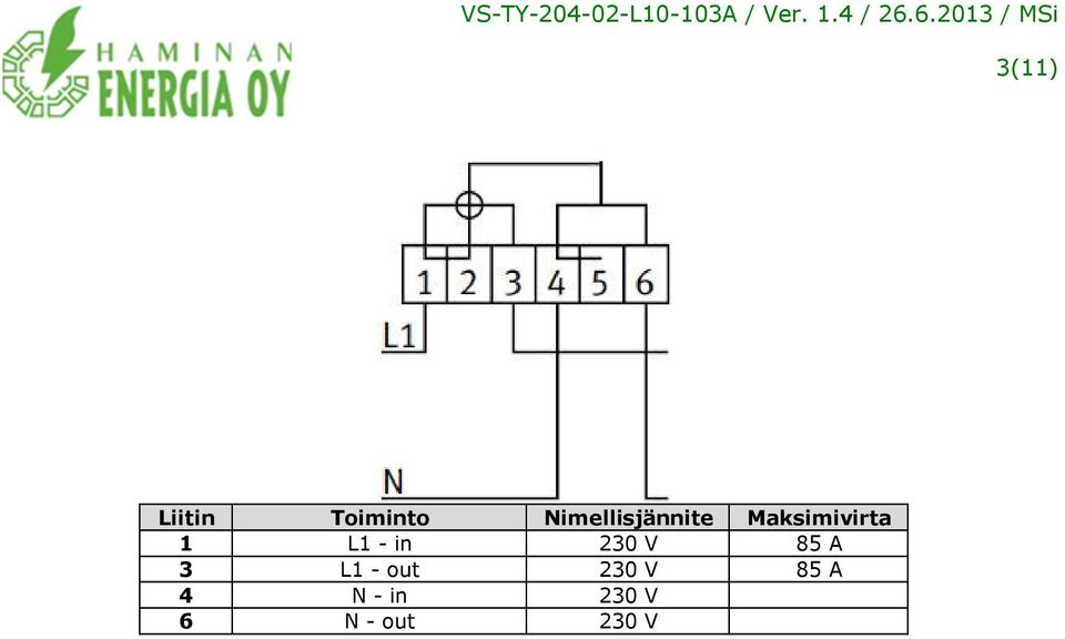 L1 - in 230 V 85 A 3 L1 - out