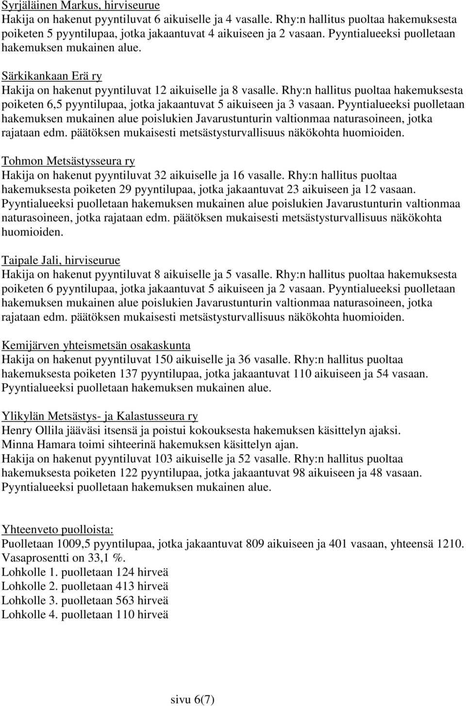 Rhy:n hallitus puoltaa hakemuksesta poiketen 6,5 pyyntilupaa, jotka jakaantuvat 5 aikuiseen ja 3 vasaan.