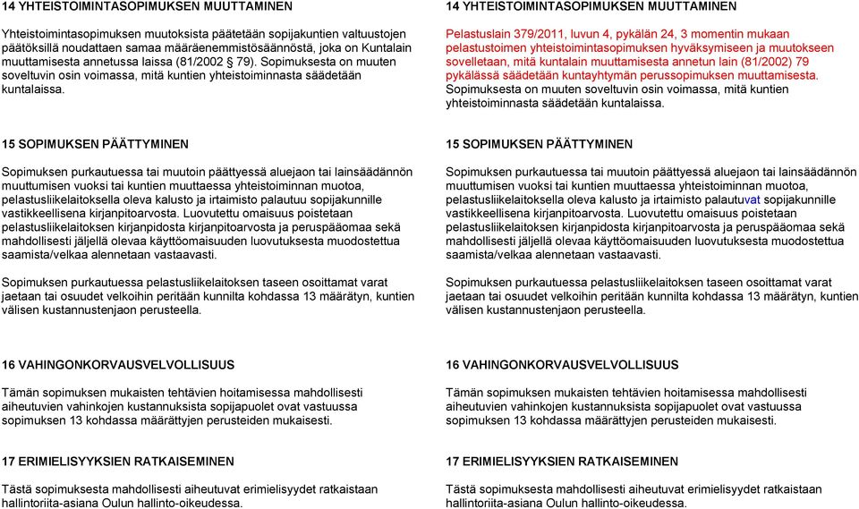 14 YHTEISTOIMINTASOPIMUKSEN MUUTTAMINEN Pelastuslain 379/2011, luvun 4, pykälän 24, 3 momentin mukaan pelastustoimen yhteistoimintasopimuksen hyväksymiseen ja muutokseen sovelletaan, mitä kuntalain