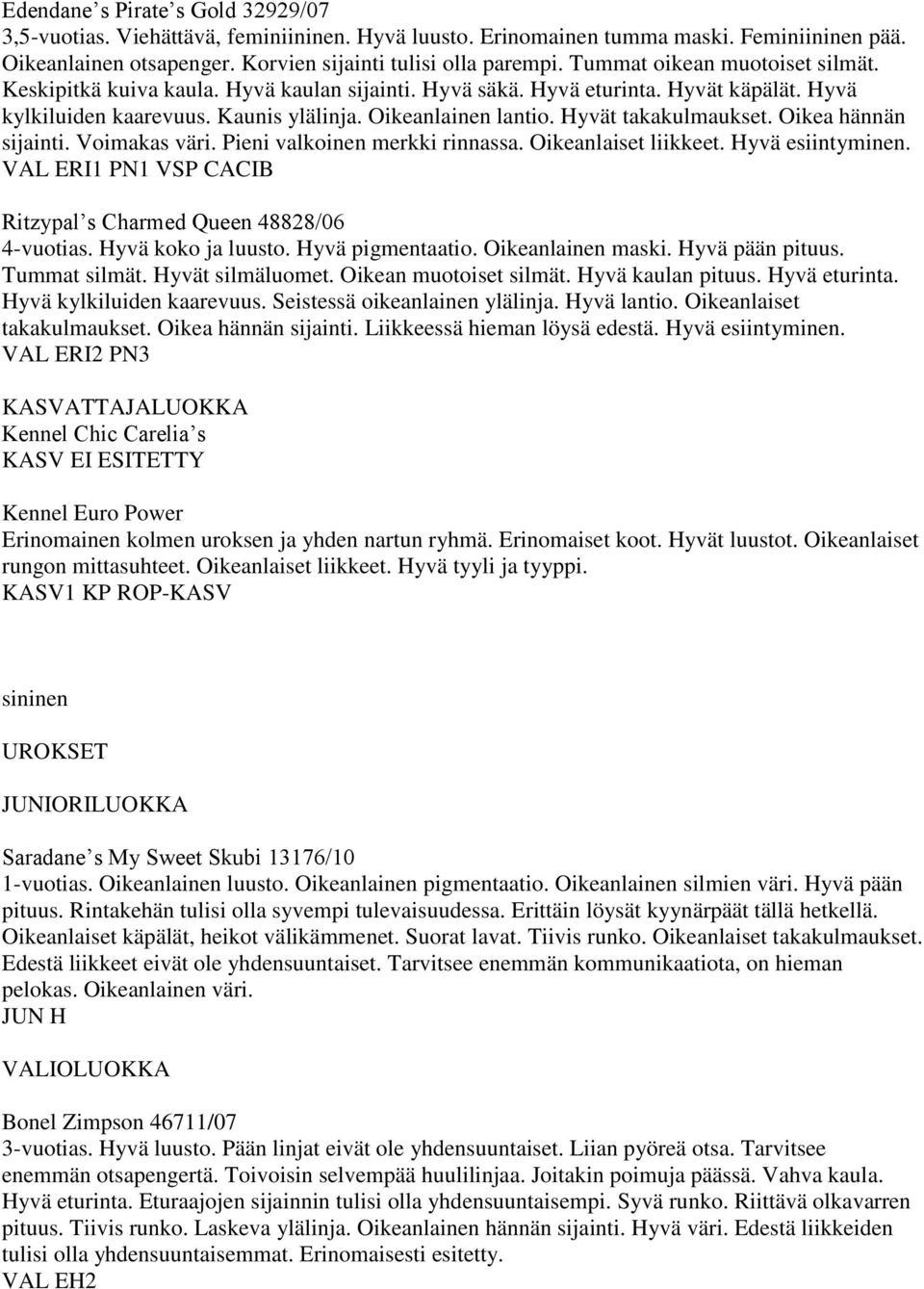 Hyvät takakulmaukset. Oikea hännän sijainti. Voimakas väri. Pieni valkoinen merkki rinnassa. Oikeanlaiset liikkeet. Hyvä esiintyminen.