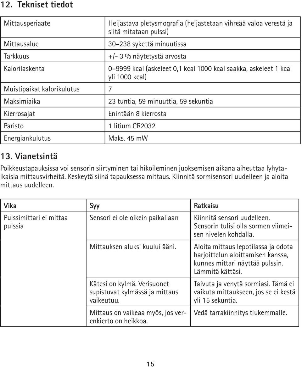 saakka, askeleet 1 kcal yli 1000 kcal) 23 tuntia, 59 minuuttia, 59 sekuntia Enintään 8 kierrosta 1 litium CR2032 Maks.