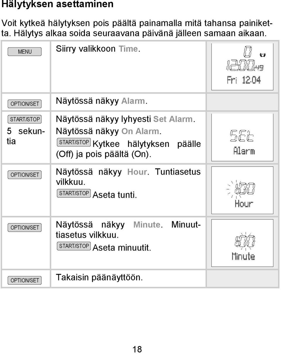 5 sekuntia Näytössä näkyy Alarm. Näytössä näkyy lyhyesti Set Alarm. Näytössä näkyy On Alarm.