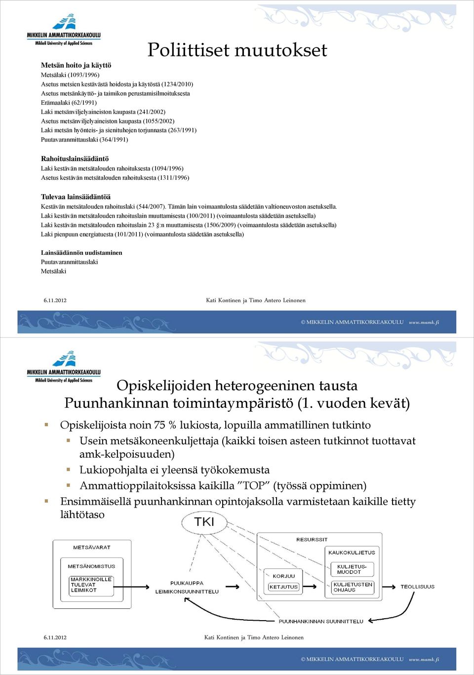 Poliittiset muutokset Rahoituslainsäädäntö Laki kestävän metsätalouden rahoituksesta (1094/1996) Asetus kestävän metsätalouden rahoituksesta (1311/1996) Tulevaa lainsäädäntöä Kestävän metsätalouden