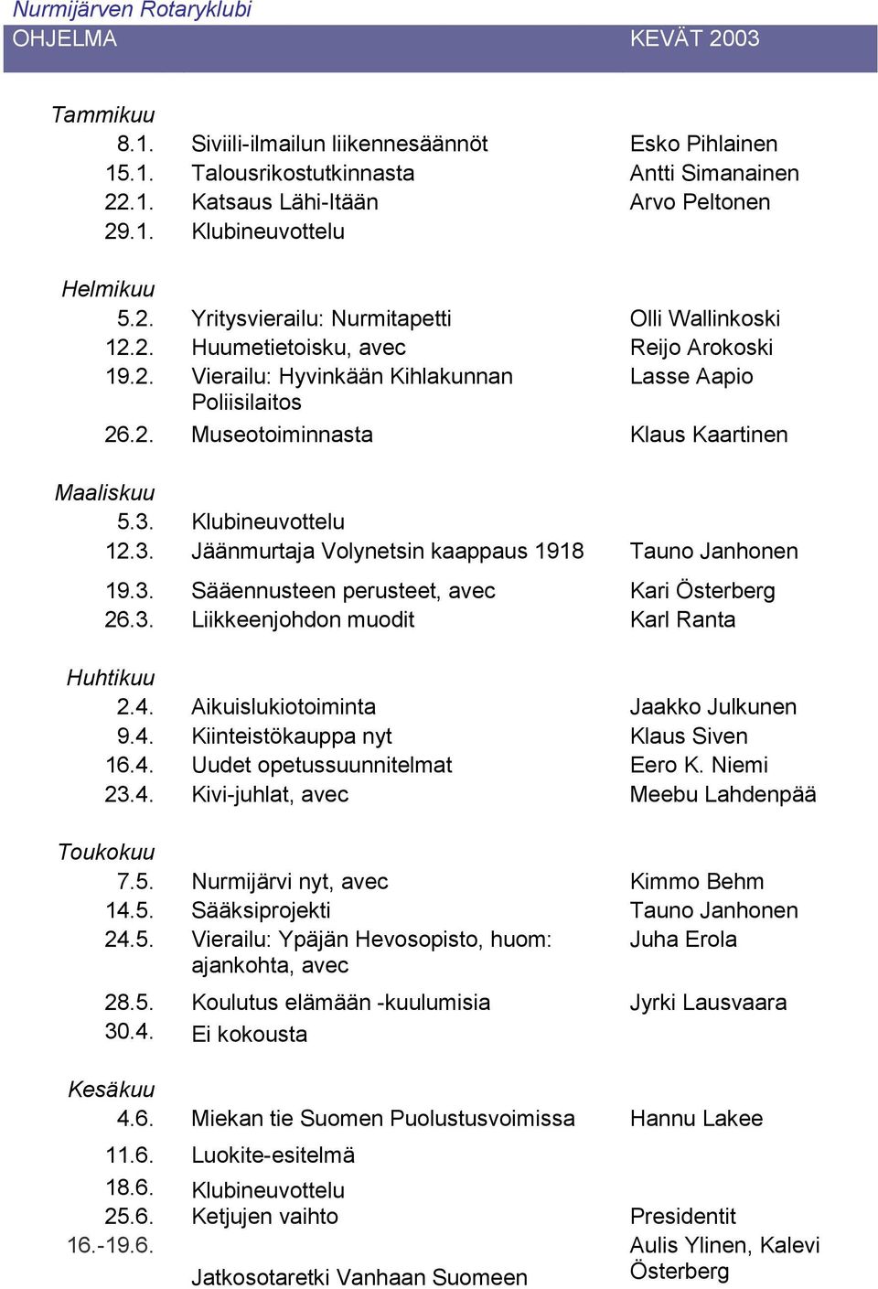 3. Klubineuvottelu 12.3. Jäänmurtaja Volynetsin kaappaus 1918 Tauno Janhonen 19.3. Sääennusteen perusteet, avec Kari Österberg 26.3. Liikkeenjohdon muodit Karl Ranta Huhtikuu 2.4.