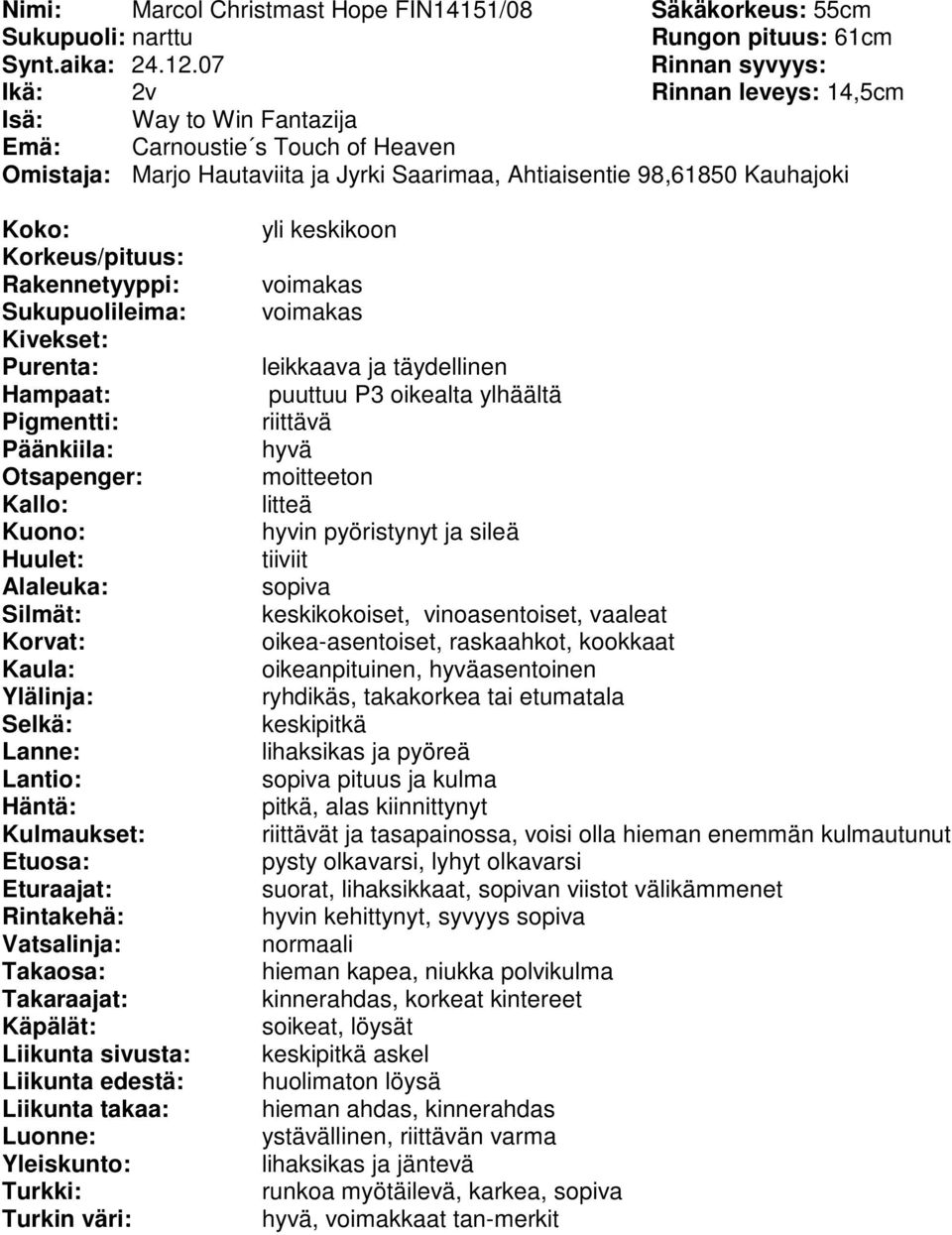 voimakas puuttuu P3 oikealta ylhäältä riittävä litteä hyvin pyöristynyt ja sileä keskikokoiset, vinoasentoiset, vaaleat oikea-asentoiset, raskaahkot, kookkaat oikeanpituinen, asentoinen ryhdikäs,