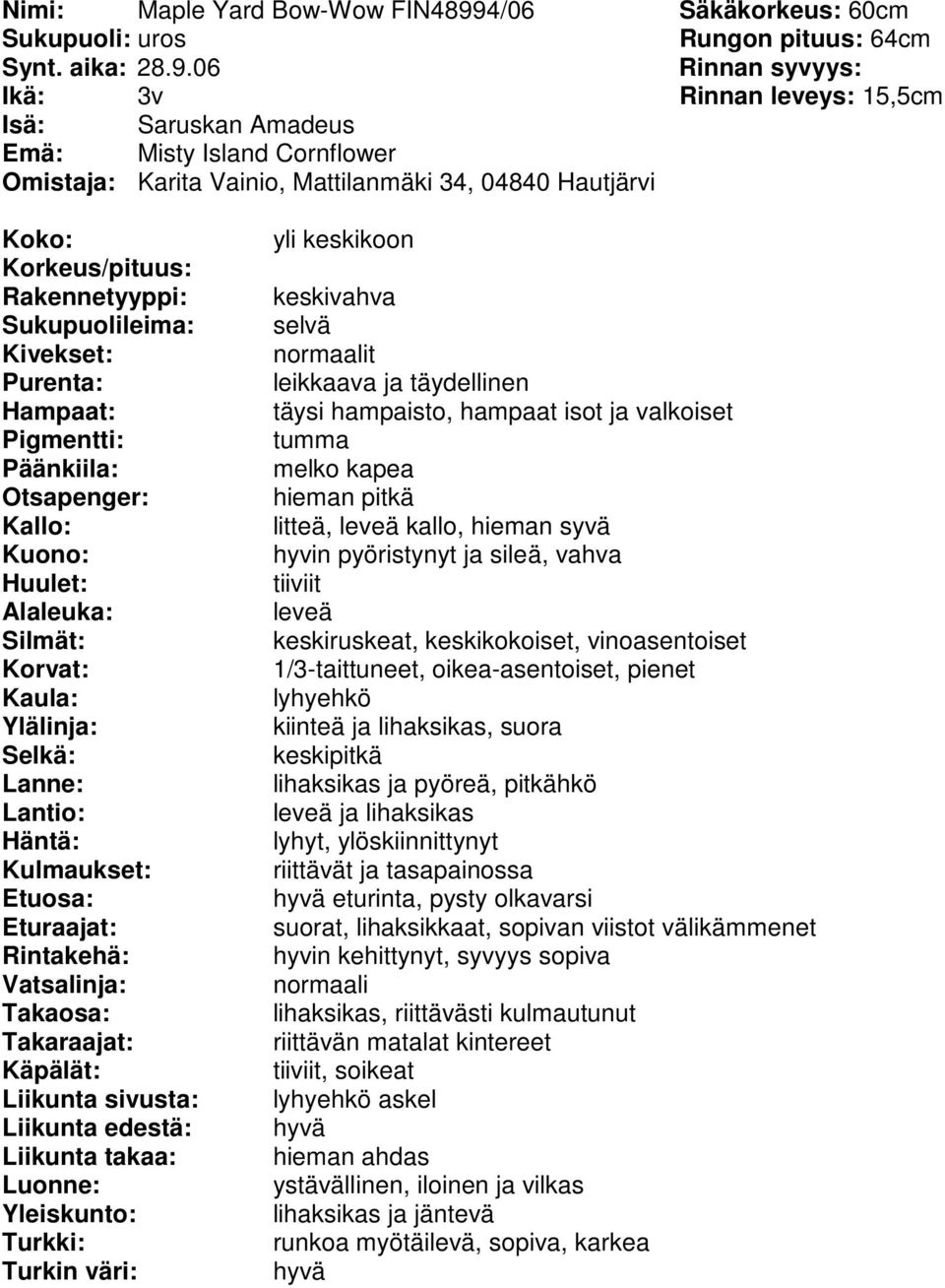 06 Ikä: 3v Rinnan leveys: 15,5cm Isä: Saruskan Amadeus Emä: Misty Island Cornflower Omistaja: Karita Vainio, Mattilanmäki 34, 04840 Hautjärvi yli keskikoon t täysi hampaisto, hampaat isot ja
