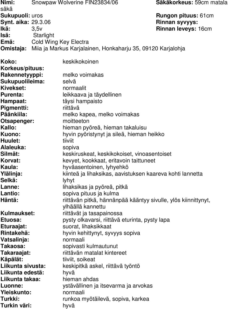 Karjalainen, Honkaharju 35, 09120 Karjalohja keskikokoinen melko voimakas t täysi hampaisto riittävä melko kapea, melko voimakas hieman pyöreä, hieman takaluisu hyvin pyöristynyt ja sileä, hieman