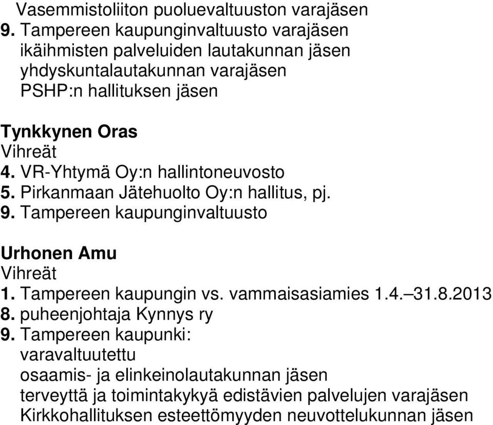 Oras 4. VR-Yhtymä Oy:n hallintoneuvosto 5. Pirkanmaan Jätehuolto Oy:n hallitus, pj. 9. Tampereen kaupunginvaltuusto Urhonen Amu 1.