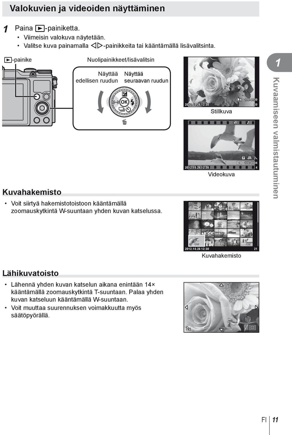 katselussa. L N 100-0020 2012.10.26 12:30 20 Stillkuva WB P AUTO HD 100-0004 2012.10.26 12:30 4 Videokuva 1 Kuvaamiseen valmistautuminen 2012.10.26 12:30 21 Kuvahakemisto Lähikuvatoisto Lähennä yhden kuvan katselun aikana enintään 14 kääntämällä zoomauskytkintä T-suuntaan.