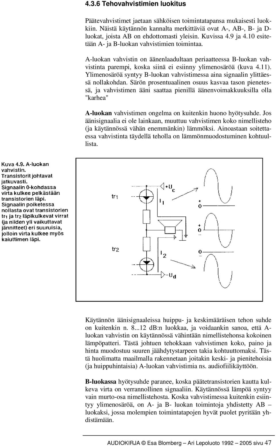 A-luokan vahvistin on äänenlaadultaan periaatteessa B-luokan vahvistinta parempi, koska siinä ei esiinny ylimenosäröä (kuva 4.11).