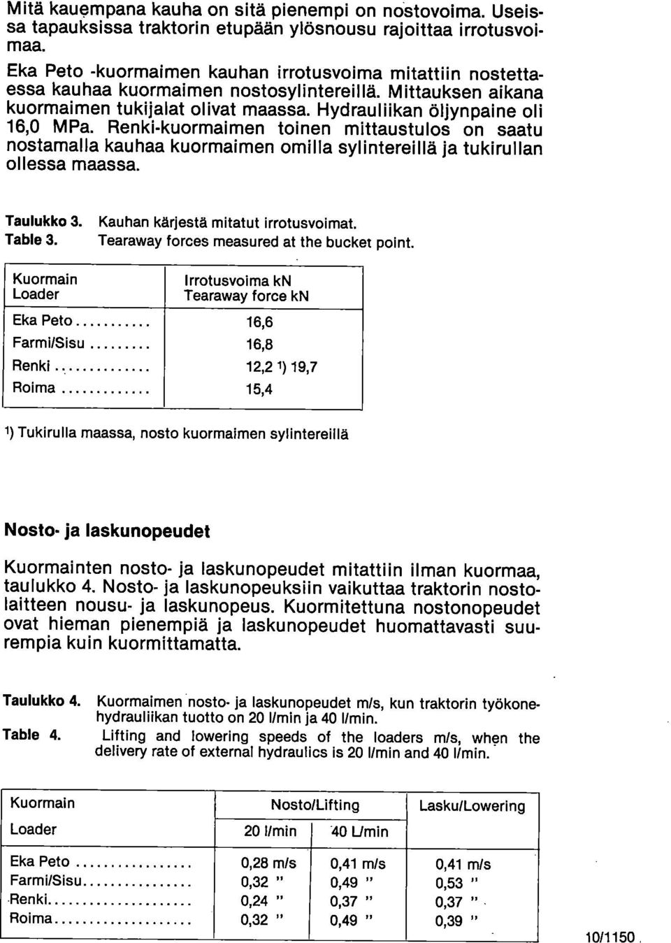 Renki-kuormaimen toinen mittaustulos on saatu nostamalla kauhaa kuormaimen omilla sylintereillä ja tukirullan ollessa maassa. Taulukko 3. Table 3. Kauhan kärjestä mitatut irrotusvoimat.