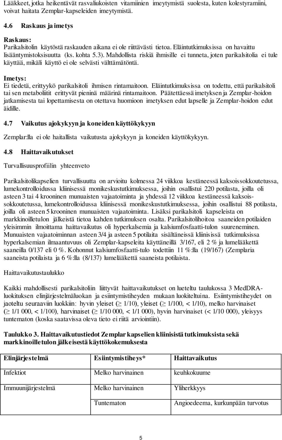 Mahdollista riskiä ihmisille ei tunneta, joten parikalsitolia ei tule käyttää, mikäli käyttö ei ole selvästi välttämätöntä. Imetys: Ei tiedetä, erittyykö parikalsitoli ihmisen rintamaitoon.