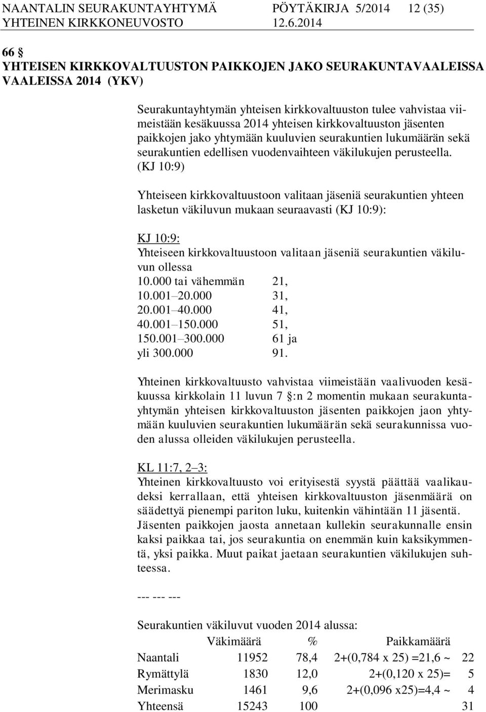 (KJ 10:9) Yhteiseen kirkkovaltuustoon valitaan jäseniä seurakuntien yhteen lasketun väkiluvun mukaan seuraavasti (KJ 10:9): KJ 10:9: Yhteiseen kirkkovaltuustoon valitaan jäseniä seurakuntien