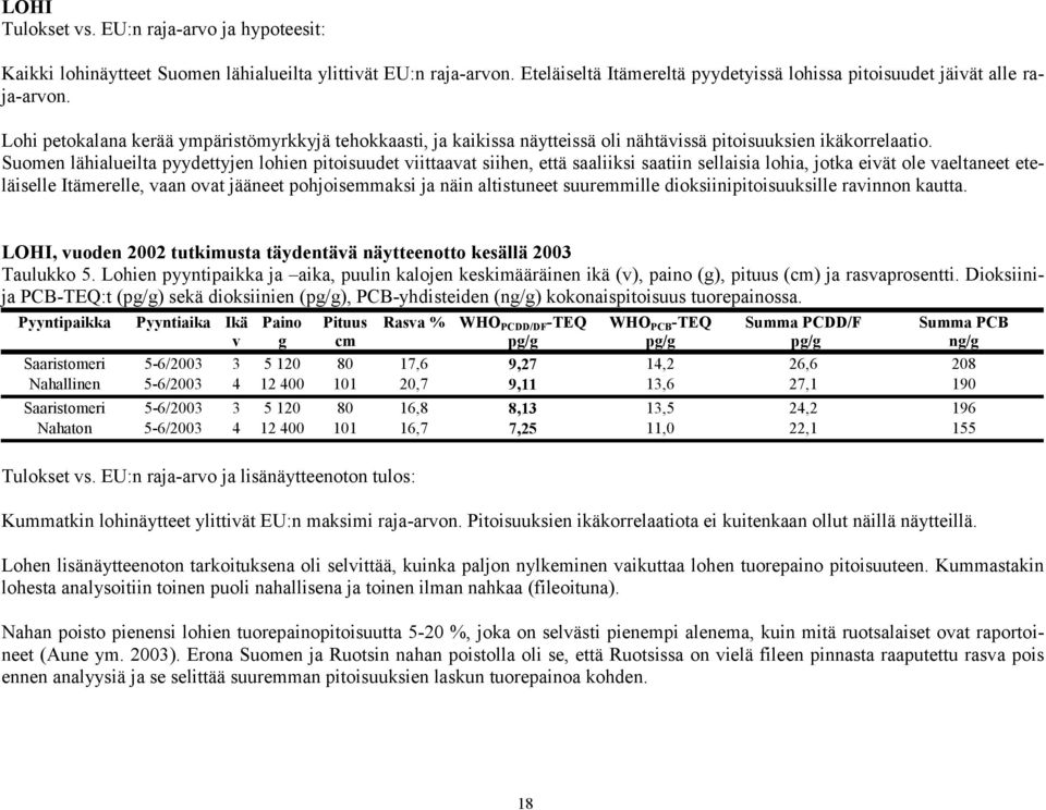 Suomen lähialueilta pyydettyjen lohien pitoisuudet viittaavat siihen, että saaliiksi saatiin sellaisia lohia, jotka eivät ole vaeltaneet eteläiselle Itämerelle, vaan ovat jääneet pohjoisemmaksi ja