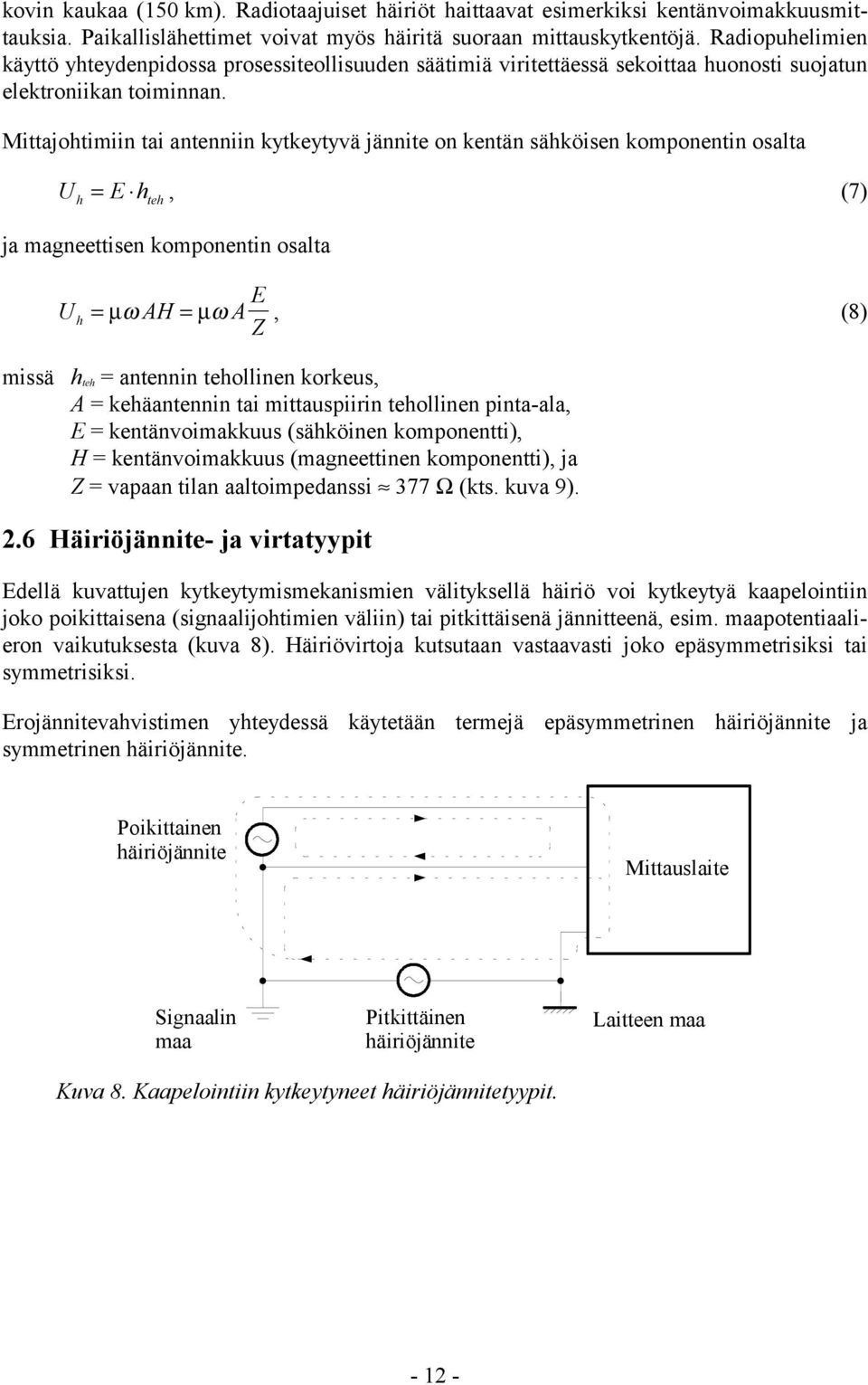 Mittajohtimiin tai antenniin kytkeytyvä jännite on kentän sähköisen komponentin osalta h = E h, (7) teh ja magneettisen komponentin osalta H E h =µ ω =µ ω Z, (8) missä h teh = antennin tehollinen