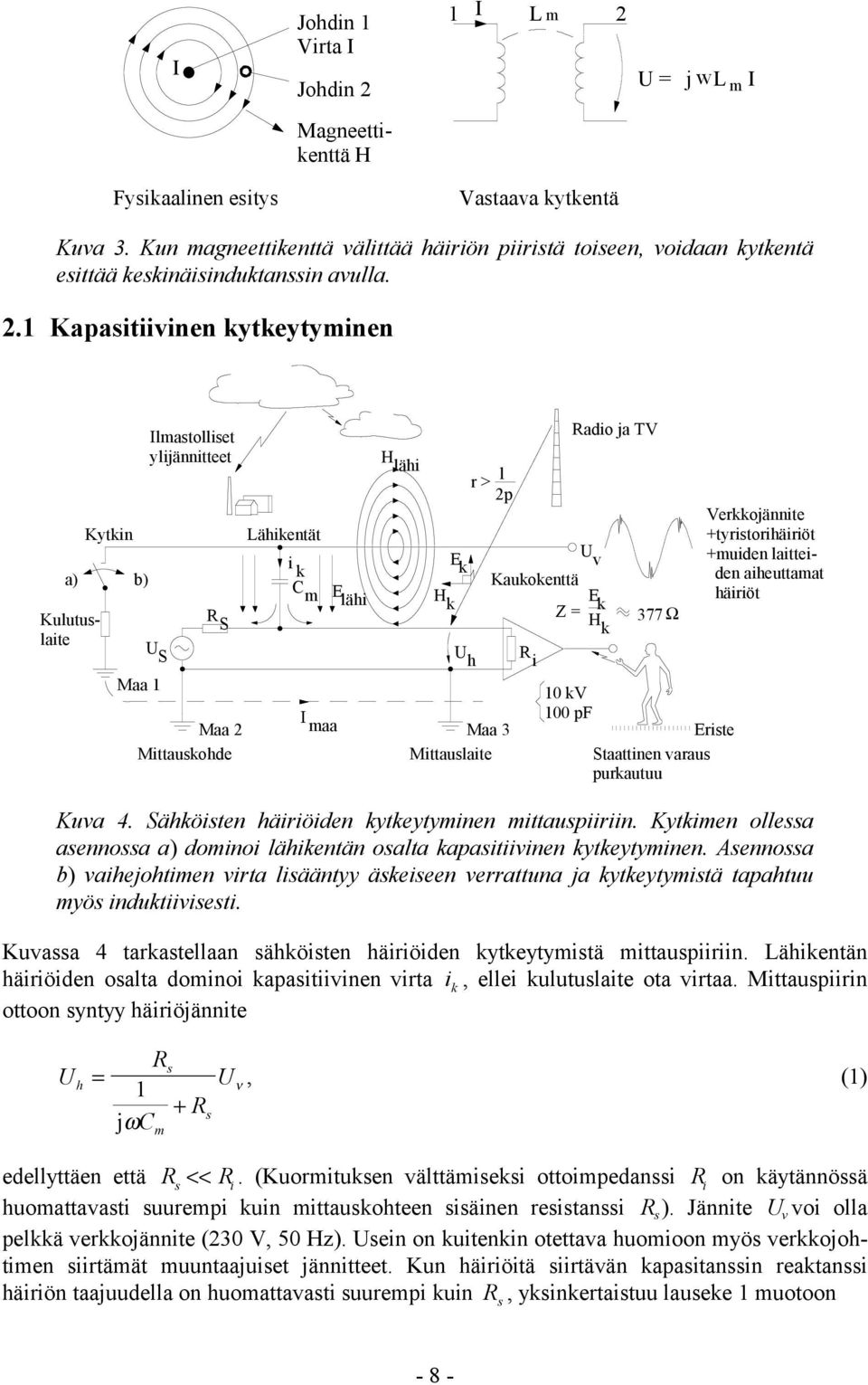 . Kapasitiivinen kytkeytyminen Kytkin a) b) Kulutuslaite S Maa lmastolliset ylijännitteet S Maa Lähikentät i k m E lähi maa H lähi E k H k Maa 3 kv pf Mittauskohde Mittauslaite Staattinen varaus