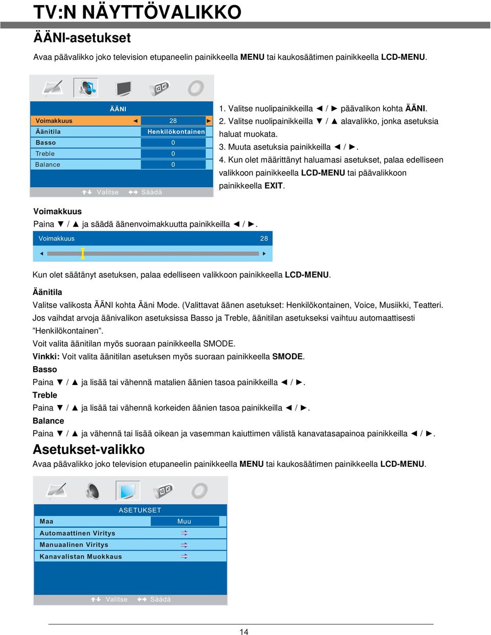 Muuta asetuksia painikkeilla /. 4. Kun olet määrittänyt haluamasi asetukset, palaa edelliseen valikkoon painikkeella LCD-MENU tai päävalikkoon painikkeella EXIT.