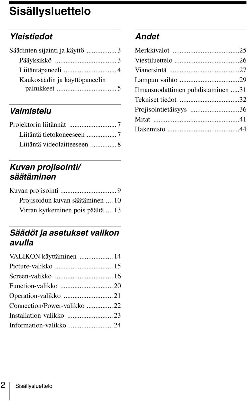 ..32 Projisointietäisyys...36 Mitat...41 Hakemisto...44 Kuvan projisointi/ säätäminen Kuvan projisointi... 9 Projisoidun kuvan säätäminen... 10 Virran kytkeminen pois päältä.