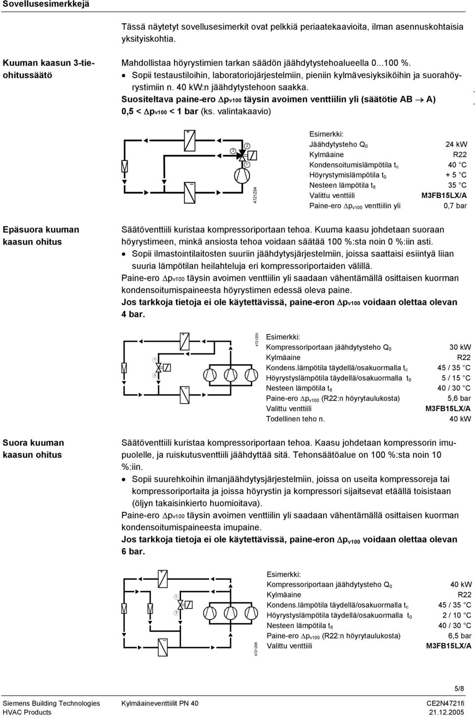 avoimen venttiilin yli (säätötie AB A) 0, < pv00 < bar (ks valintakaavio) 7Z0 Jäähdytysteho Q 0 Kondensoitumislämpötila t c Höyrystymislämpötila t 0 Nesteen lämpötila t fl Valittu venttiili Paine-ero