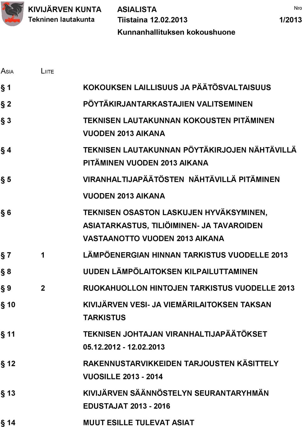 AIKANA 4 TEKNISEN LAUTAKUNNAN PÖYTÄKIRJOJEN NÄHTÄVILLÄ PITÄMINEN VUODEN 2013 AIKANA 5 VIRANHALTIJAPÄÄTÖSTEN NÄHTÄVILLÄ PITÄMINEN VUODEN 2013 AIKANA 6 TEKNISEN OSASTON LASKUJEN HYVÄKSYMINEN,