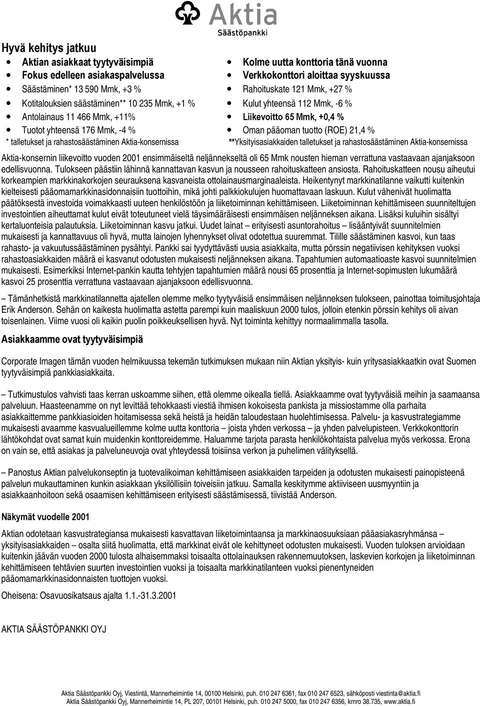 +1 % Kulut yhteensä 112 Mmk, -6 % Antolainaus 11 466 Mmk, +11% /LLNHYRLWWRÃÃ0PNÃÃÈ Tuotot yhteensä 176 Mmk, -4 % Oman pääoman tuotto (ROE) 21,4 % * talletukset ja rahastosäästäminen Aktia-konsernissa