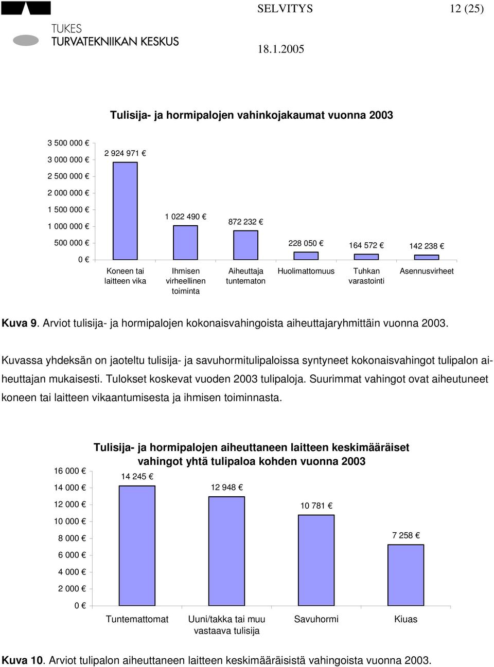 Arviot tulisija- ja hormipalojen kokonaisvahingoista aiheuttajaryhmittäin vuonna 2003.