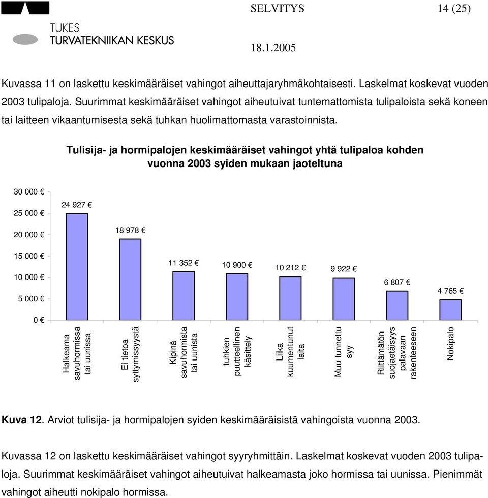 Tulisija- ja hormipalojen keskimääräiset vahingot yhtä tulipaloa kohden vuonna 2003 syiden mukaan jaoteltuna 30 000 25 000 24 927 20 000 18 978 15 000 11 352 10 900 10 212 9 922 10 000 5 000 6 807 4