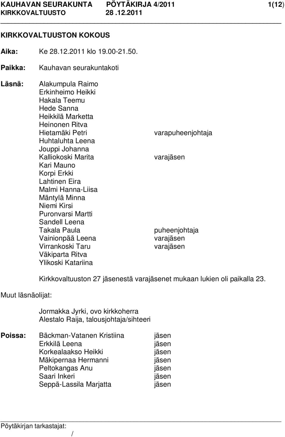 Kari Mauno Korpi Erkki Lahtinen Eira Malmi Hanna-Liisa Mäntylä Minna Niemi Kirsi Puronvarsi Martti Sandell Leena Takala Paula Vainionpää Leena Virrankoski Taru Väkiparta Ritva Ylikoski Katariina