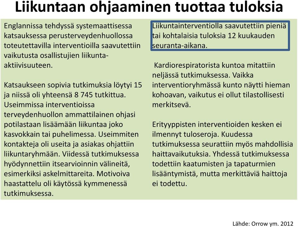 Useimmissa interventioissa terveydenhuollon ammattilainen ohjasi potilastaan lisäämään liikuntaa joko kasvokkain tai puhelimessa. Useimmiten kontakteja oli useita ja asiakas ohjattiin liikuntaryhmään.