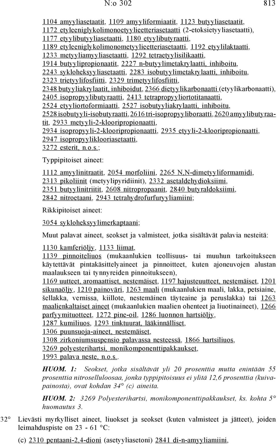 n-butyylimetakrylaatti, inhiboitu, 2243 sykloheksyyliasetaatti, 2283 isobutyylimetakrylaatti, inhiboitu, 2323 trietyylifosfiitti, 2329 trimetyylifosfiitti, 2348 butyyliakrylaatit, inhiboidut, 2366