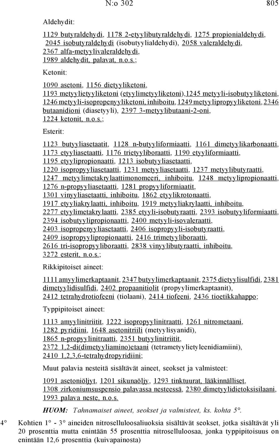 ; Ketonit: 1090 asetoni, 1156 dietyyliketoni, 1193 metyylietyyliketoni (etyylimetyyliketoni),1245 metyyli-isobutyyliketoni, 1246 metyyli-isopropenyyliketoni, inhiboitu, 1249 metyylipropyyliketoni,