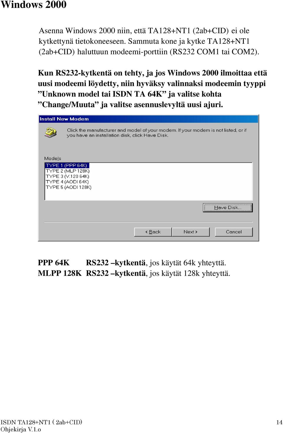 Kun RS232-kytkentä on tehty, ja jos Windows 2000 ilmoittaa että uusi modeemi löydetty, niin hyväksy valinnaksi modeemin tyyppi