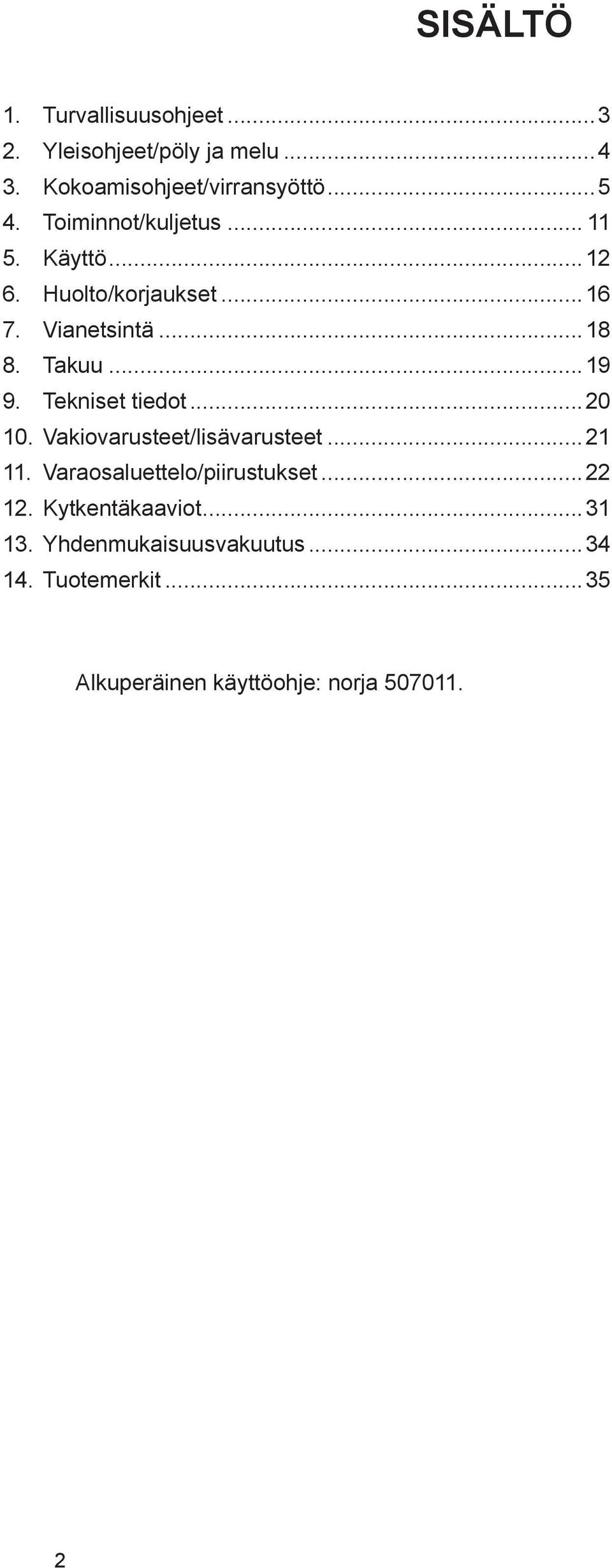 Tekniset tiedot...20 10. Vakiovarusteet/lisävarusteet...21 11. Varaosaluettelo/piirustukset...22 12.