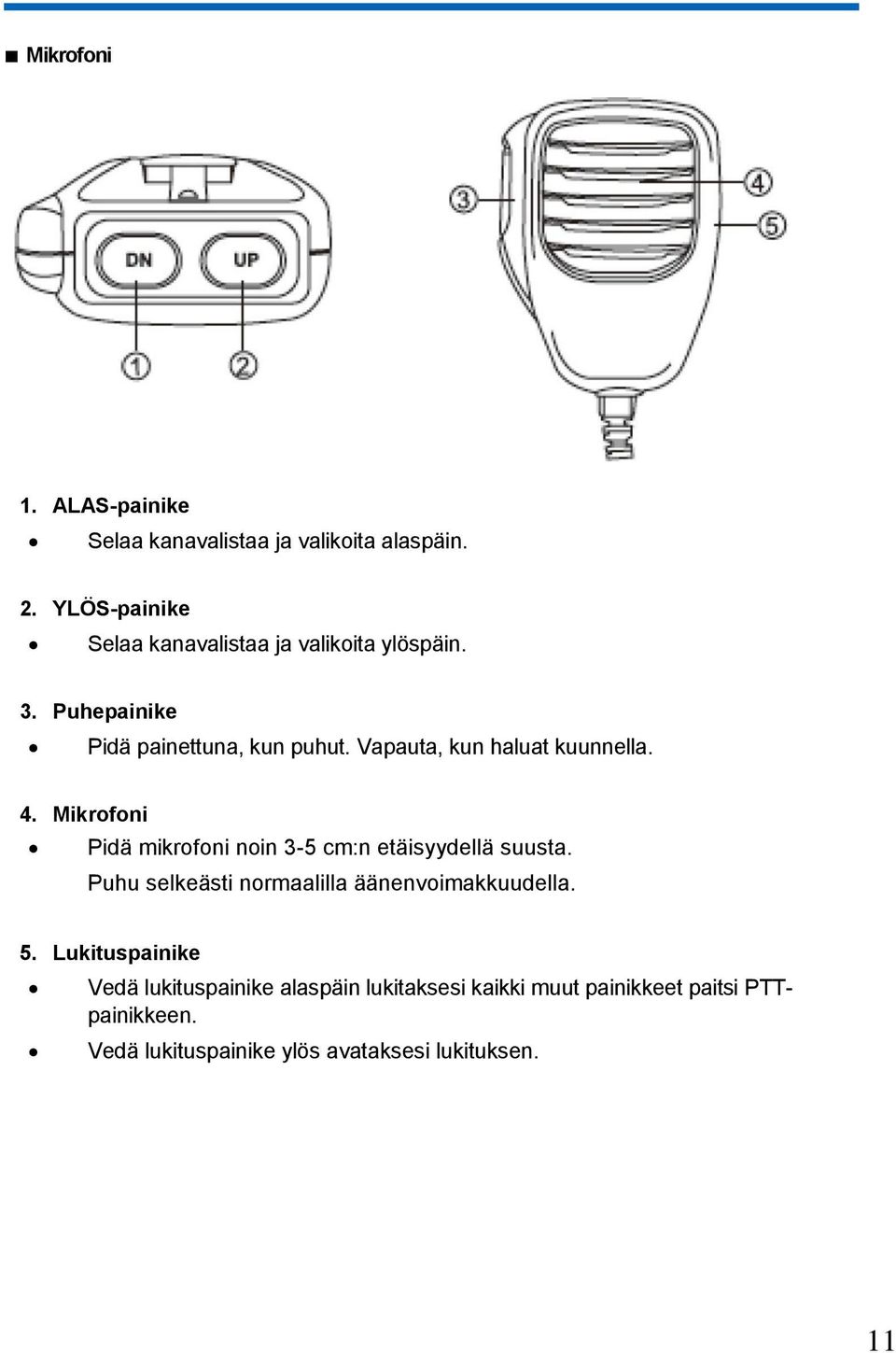 Vapauta, kun haluat kuunnella. 4. Mikrofoni Pidä mikrofoni noin 3-5 cm:n etäisyydellä suusta.