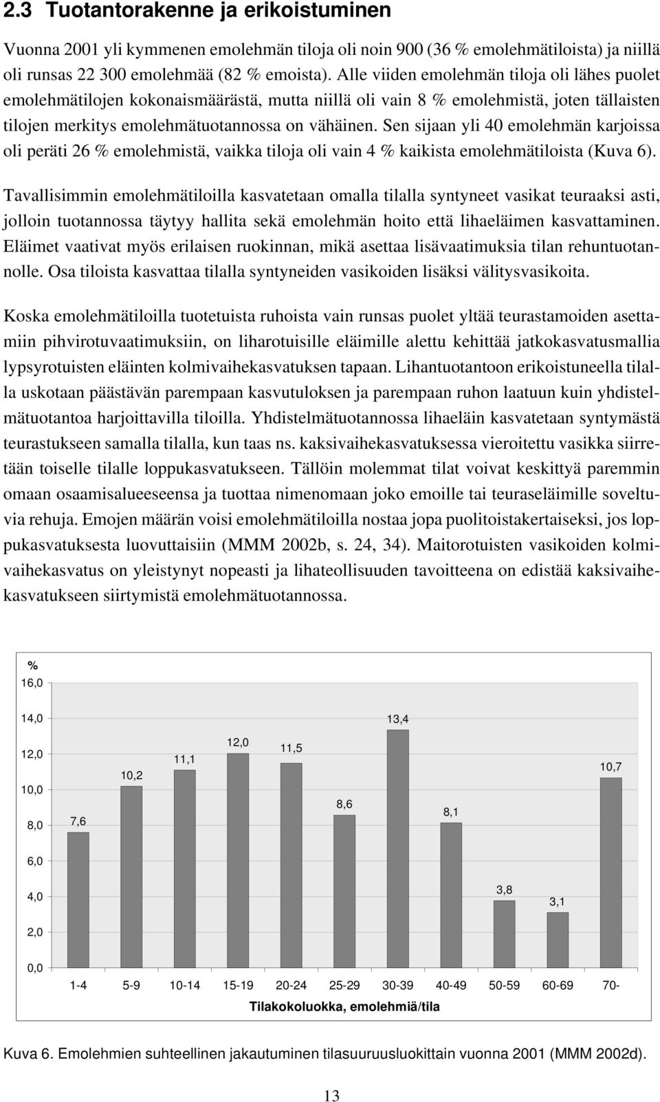 Sen sijaan yli 40 emolehmän karjoissa oli peräti 26 % emolehmistä, vaikka tiloja oli vain 4 % kaikista emolehmätiloista (Kuva 6).