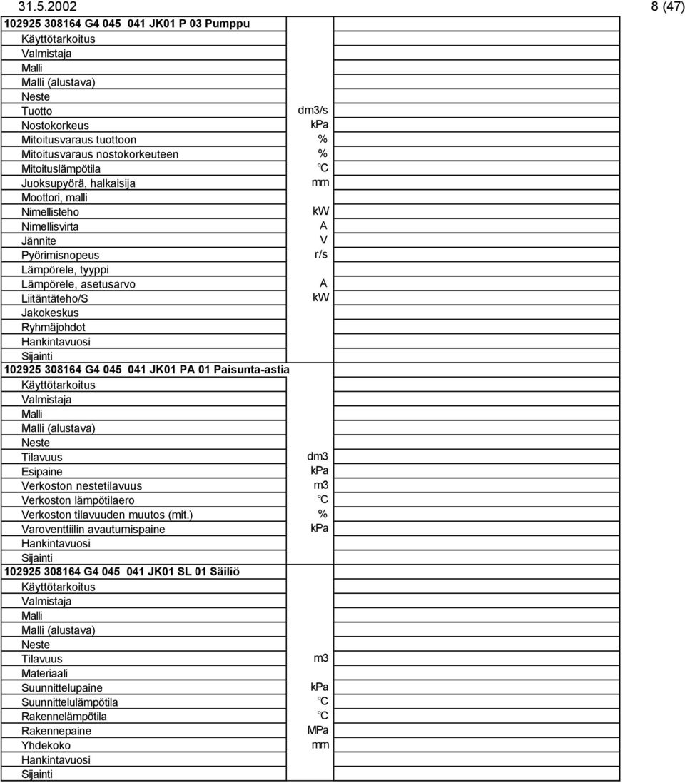 (alustava) Tilavuus dm3 Esipaine erkoston nestetilavuus m3 erkoston lämpötilaero C erkoston tilavuuden muutos (mit.