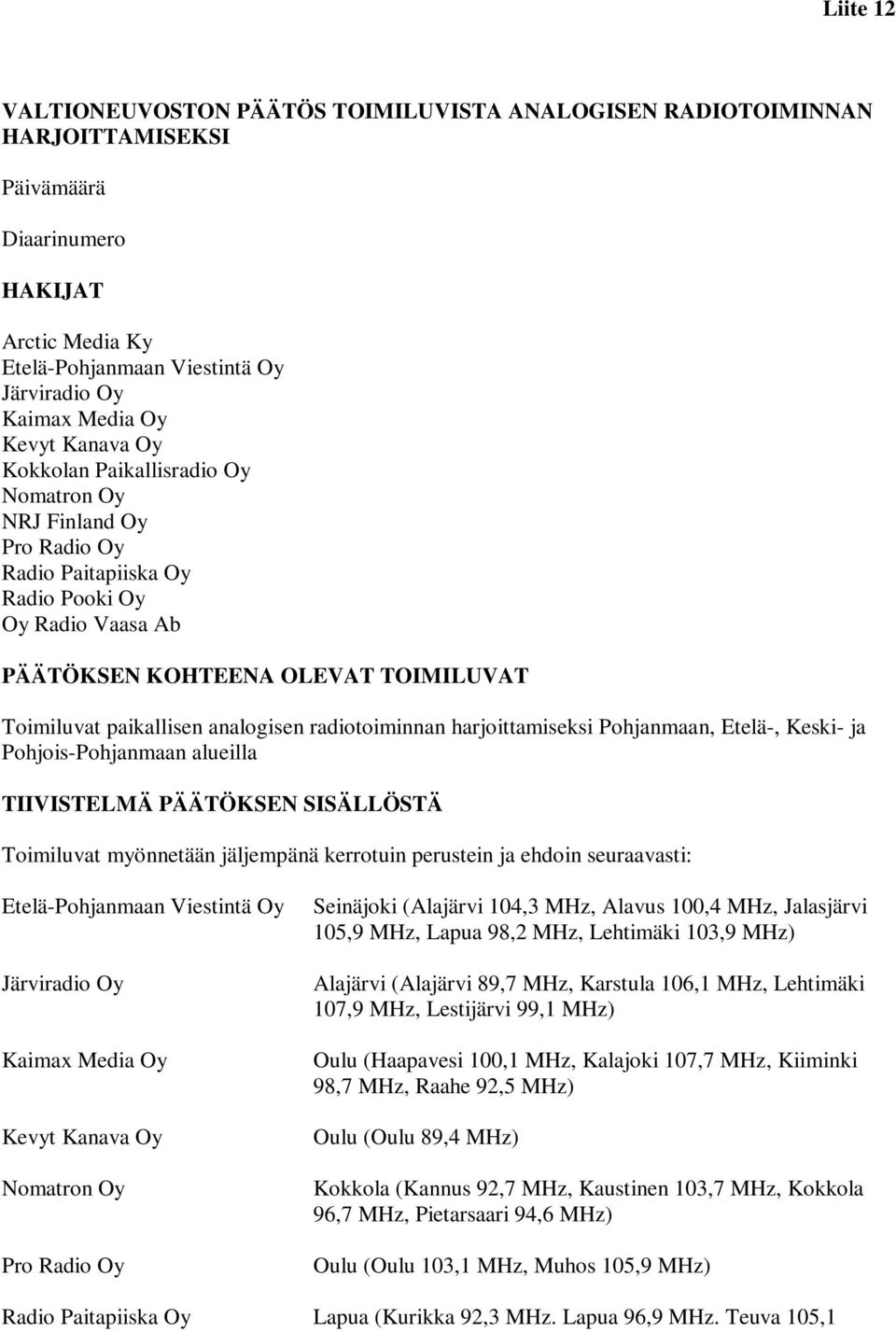 analogisen radiotoiminnan harjoittamiseksi Pohjanmaan, Etelä-, Keski- ja Pohjois-Pohjanmaan alueilla TIIVISTELMÄ PÄÄTÖKSEN SISÄLLÖSTÄ Toimiluvat myönnetään jäljempänä kerrotuin perustein ja ehdoin
