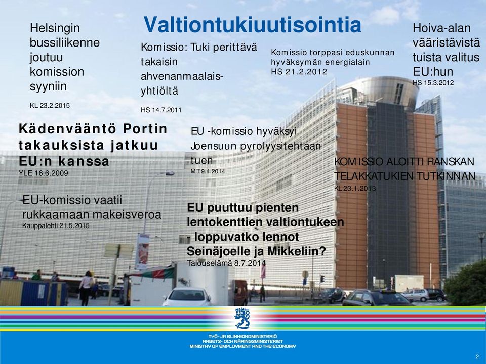 2015 EU -komissio hyväksyi Joensuun pyrolyysitehtaan tuen MT 9.4.2014 Komissio torppasi eduskunnan hyväksymän energialain HS 21.2.2012 EU puuttuu pienten lentokenttien valtiontukeen - loppuvatko lennot Seinäjoelle ja Mikkeliin?