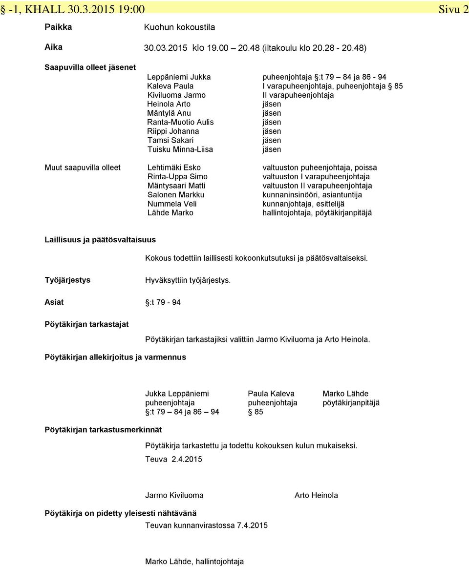 I varapuheenjohtaja, puheenjohtaja 85 II varapuheenjohtaja jäsen jäsen jäsen jäsen jäsen jäsen Muut saapuvilla olleet Lehtimäki Esko Rinta-Uppa Simo Mäntysaari Matti Salonen Markku Nummela Veli Lähde