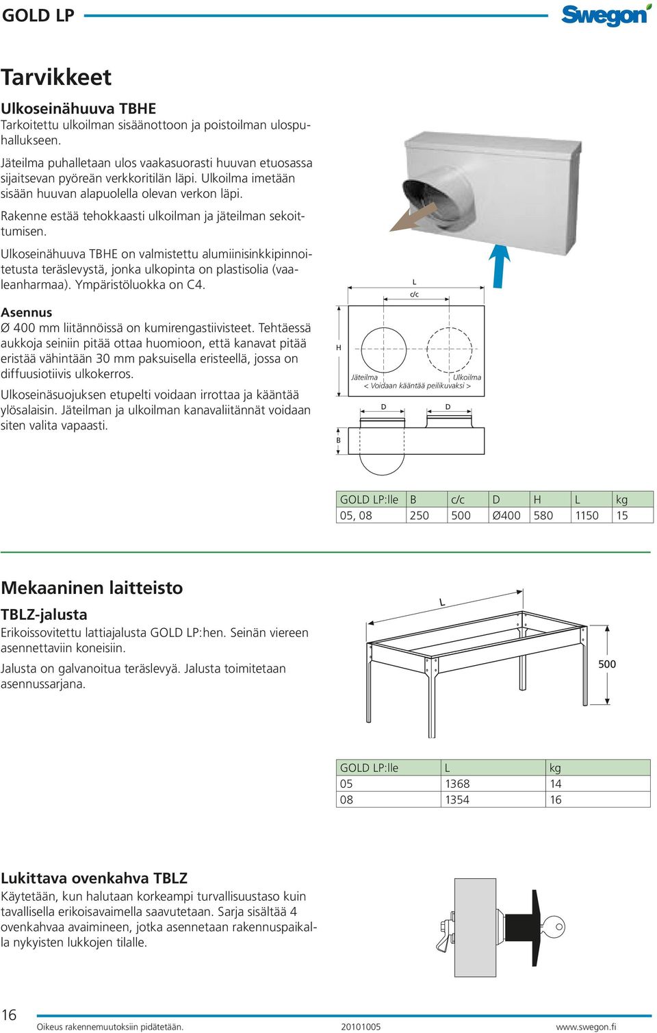 Ulkoseinähuuva TBHE on valmistettu alumiinisinkkipinnoitetusta teräslevystä, jonka ulkopinta on plastisolia (vaaleanharmaa). Ympäristöluokka on C4.