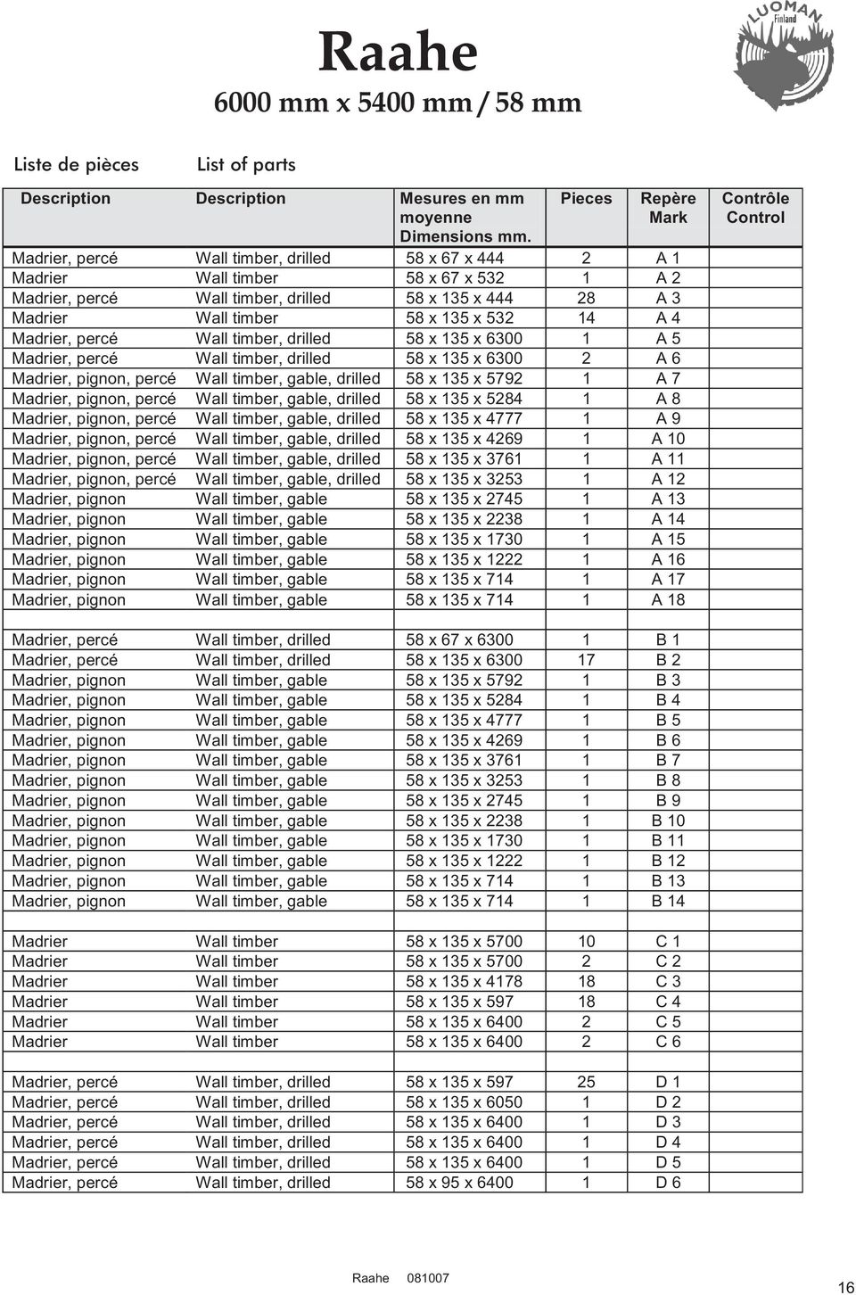 135 x 532 14 A 4 Madrier, percé Wall timber, drilled 58 x 135 x 6300 1 A 5 Madrier, percé Wall timber, drilled 58 x 135 x 6300 2 A 6 Madrier, pignon, percé Wall timber, gable, drilled 58 x 135 x 5792