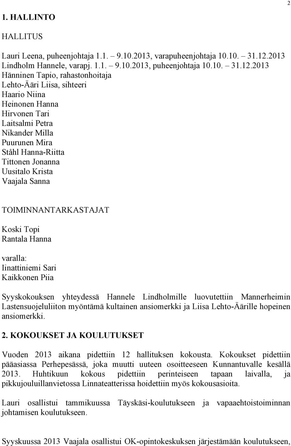 2013 Hänninen Tapio, rahastonhoitaja Lehto-Ääri Liisa, sihteeri Haario Niina Heinonen Hanna Hirvonen Tari Laitsalmi Petra Nikander Milla Puurunen Mira Ståhl Hanna-Riitta Tittonen Jonanna Uusitalo