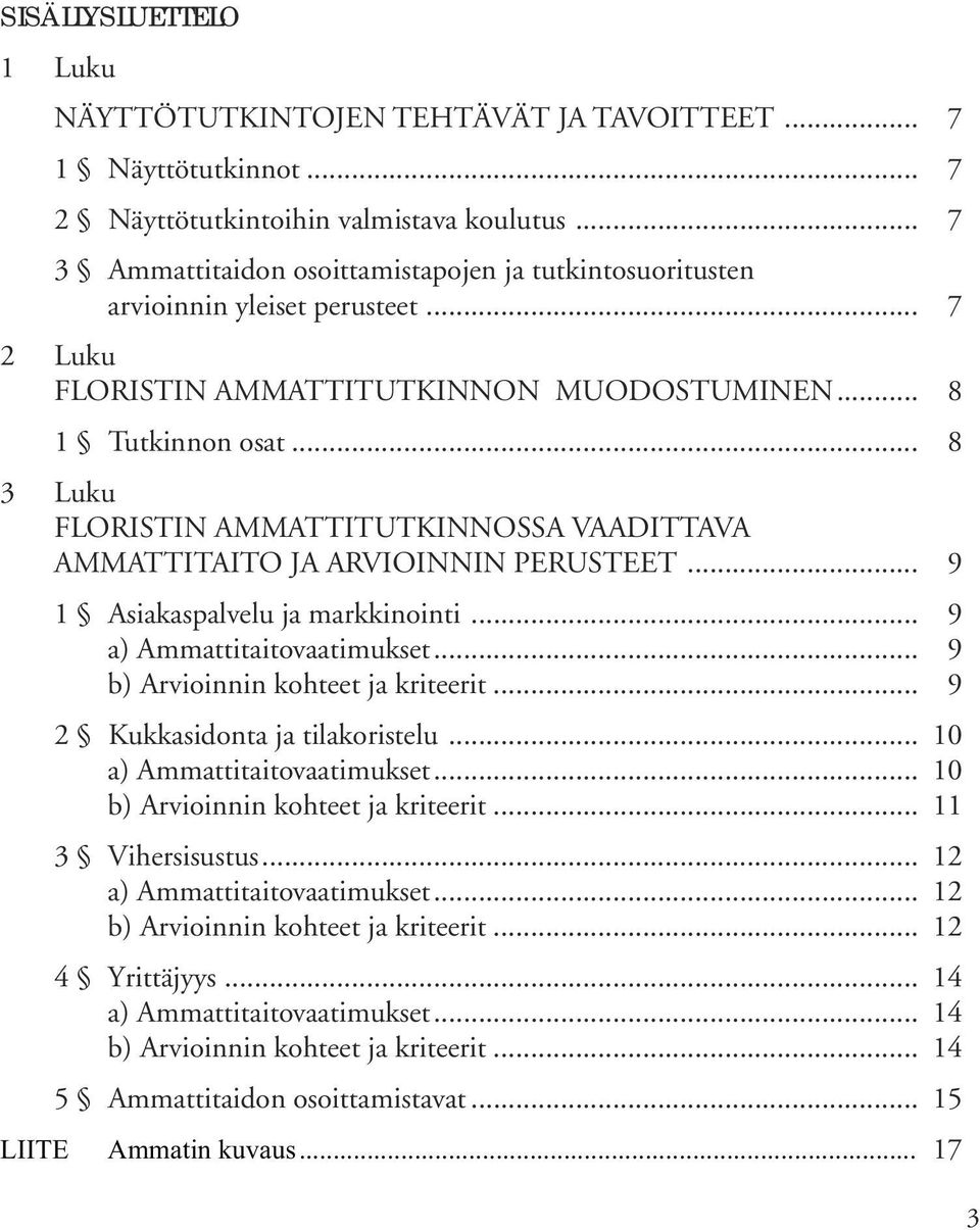 .. 8 3 Luku FLORISTIN AMMATTITUTKINNOSSA VAADITTAVA AMMATTITAITO JA ARVIOINNIN PERUSTEET... 9 1 Asiakaspalvelu ja markkinointi... 9 a) Ammattitaitovaatimukset... 9 b) Arvioinnin kohteet ja kriteerit.