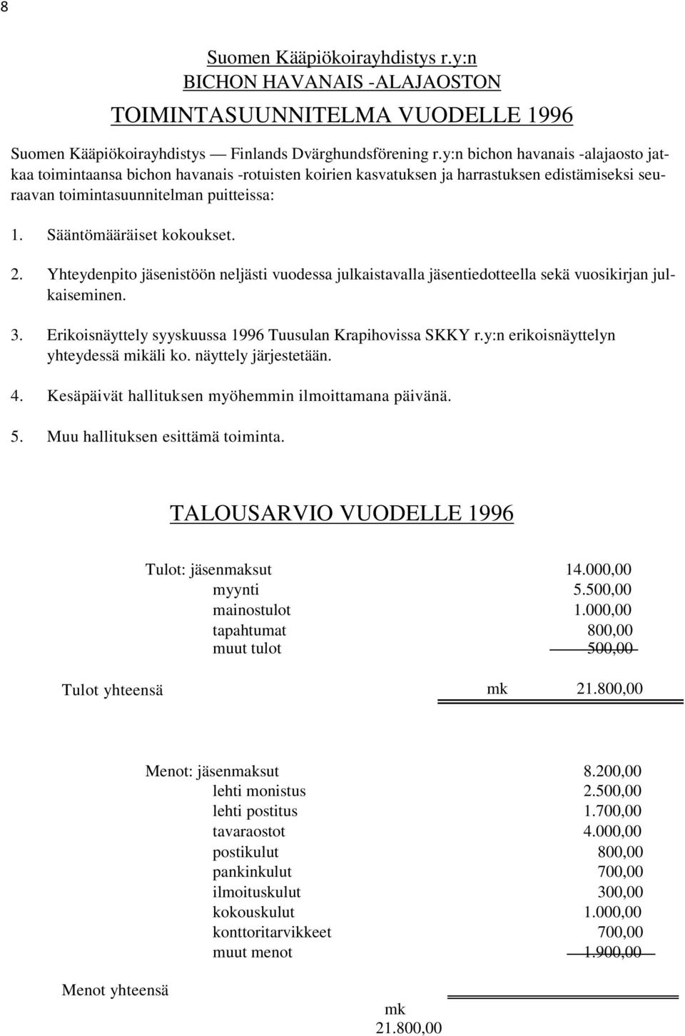 2. Yhteydenpito jäsenistöön neljästi vuodessa julkaistavalla jäsentiedotteella sekä vuosikirjan julkaiseminen. 3. Erikoisnäyttely syyskuussa 1996 Tuusulan Krapihovissa SKKY r.