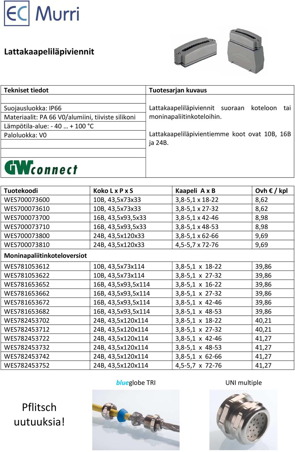 Tuotekoodi Koko L x P x S Kaapeli A x B Ovh / kpl WES700073600 10B, 43,5x73x33 3,8-5,1 x 18-22 8,62 WES700073610 10B, 43,5x73x33 3,8-5,1 x 27-32 8,62 WES700073700 16B, 43,5x93,5x33 3,8-5,1 x 42-46