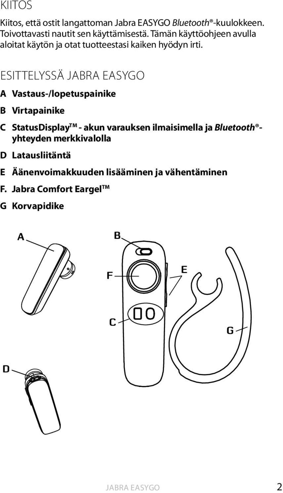 ESITTELYSSÄ JABRA EASYGO A Vastaus-/lopetuspainike B Virtapainike C StatusDisplay TM - akun varauksen