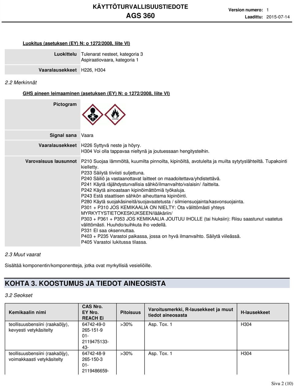 H304 Voi olla tappavaa nieltynä ja joutuessaan hengitysteihin. P210 Suojaa lämmöltä, kuumilta pinnoilta, kipinöiltä, avotulelta ja muilta sytytyslähteiltä. Tupakointi kielletty.