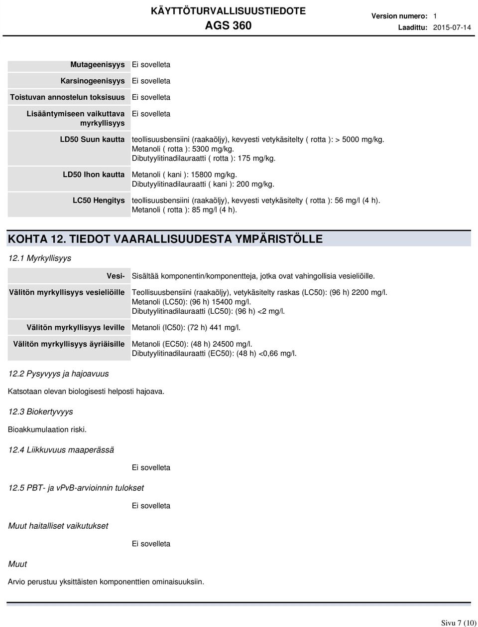 Dibutyylitinadilauraatti ( kani ): 200 mg/kg. teollisuusbensiini (raakaöljy), kevyesti vetykäsitelty ( rotta ): 56 mg/l (4 h). Metanoli ( rotta ): 85 mg/l (4 h). KOHTA 12.