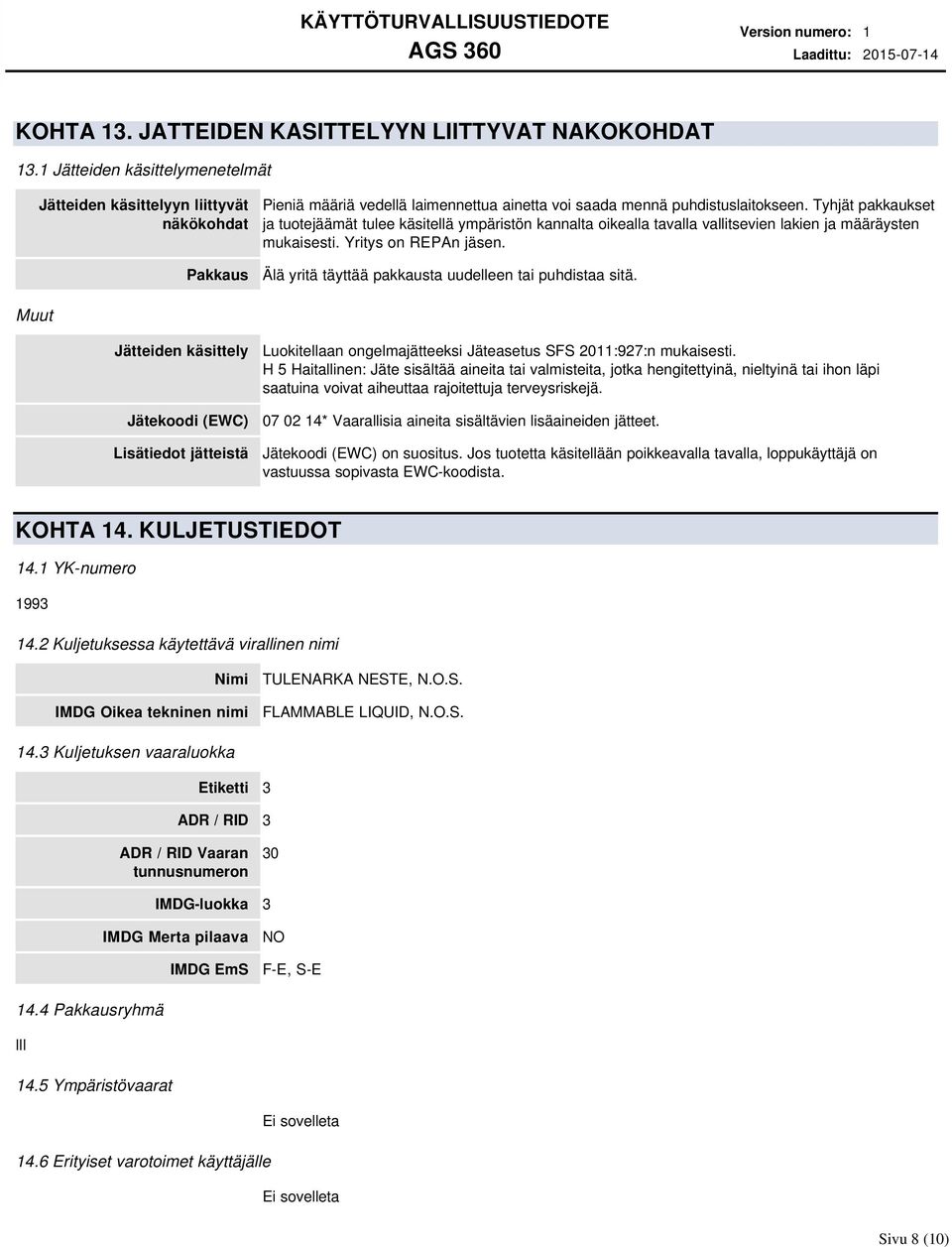 Tyhjät pakkaukset ja tuotejäämät tulee käsitellä ympäristön kannalta oikealla tavalla vallitsevien lakien ja määräysten mukaisesti. Yritys on REPAn jäsen.