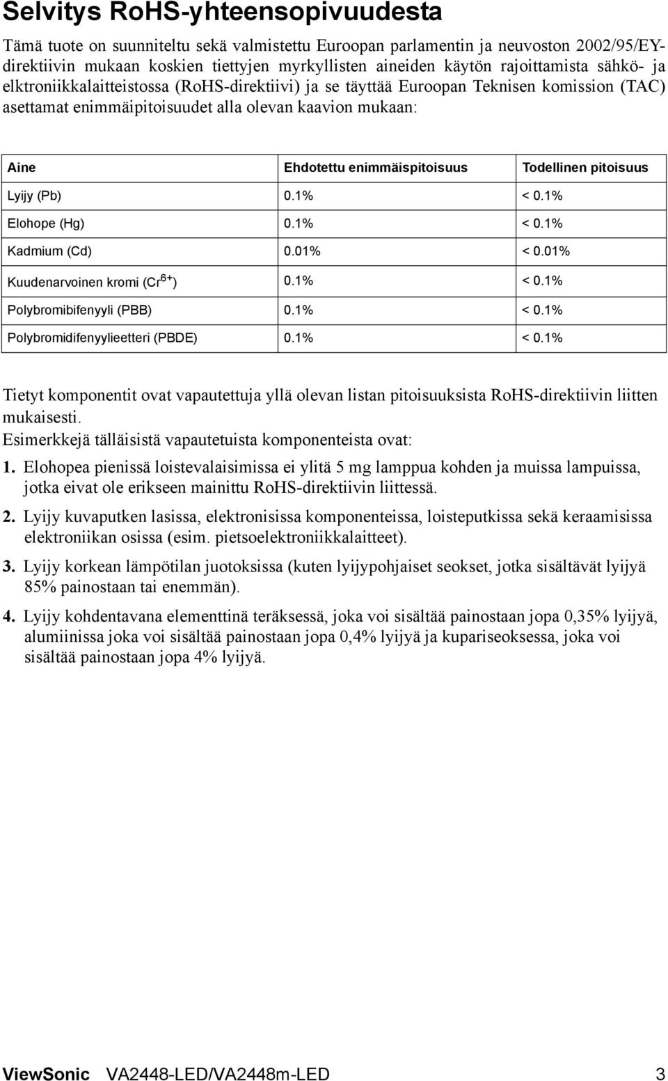 Todellinen pitoisuus Lyijy (Pb) 0.1% < 0.1% Elohope (Hg) 0.1% < 0.1% Kadmium (Cd) 0.01% < 0.01% Kuudenarvoinen kromi (Cr 6+ ) 0.1% < 0.1% Polybromibifenyyli (PBB) 0.1% < 0.1% Polybromidifenyylieetteri (PBDE) 0.